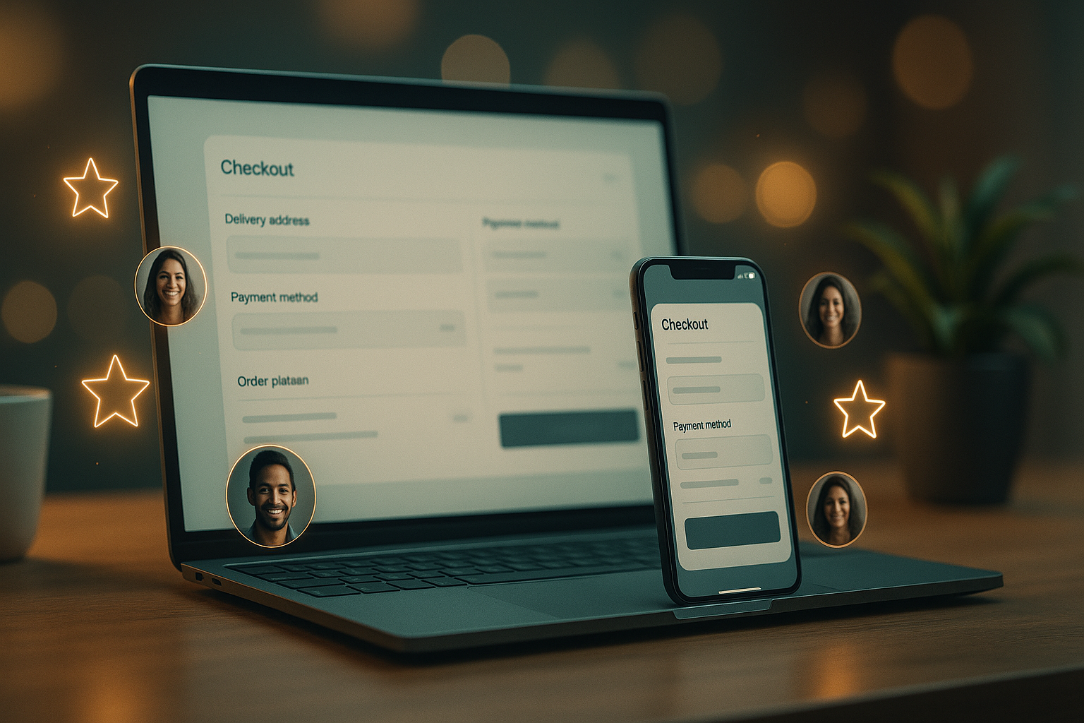 Laptop and phone showing UGC at checkout with star ratings and customer photos floating nearby
