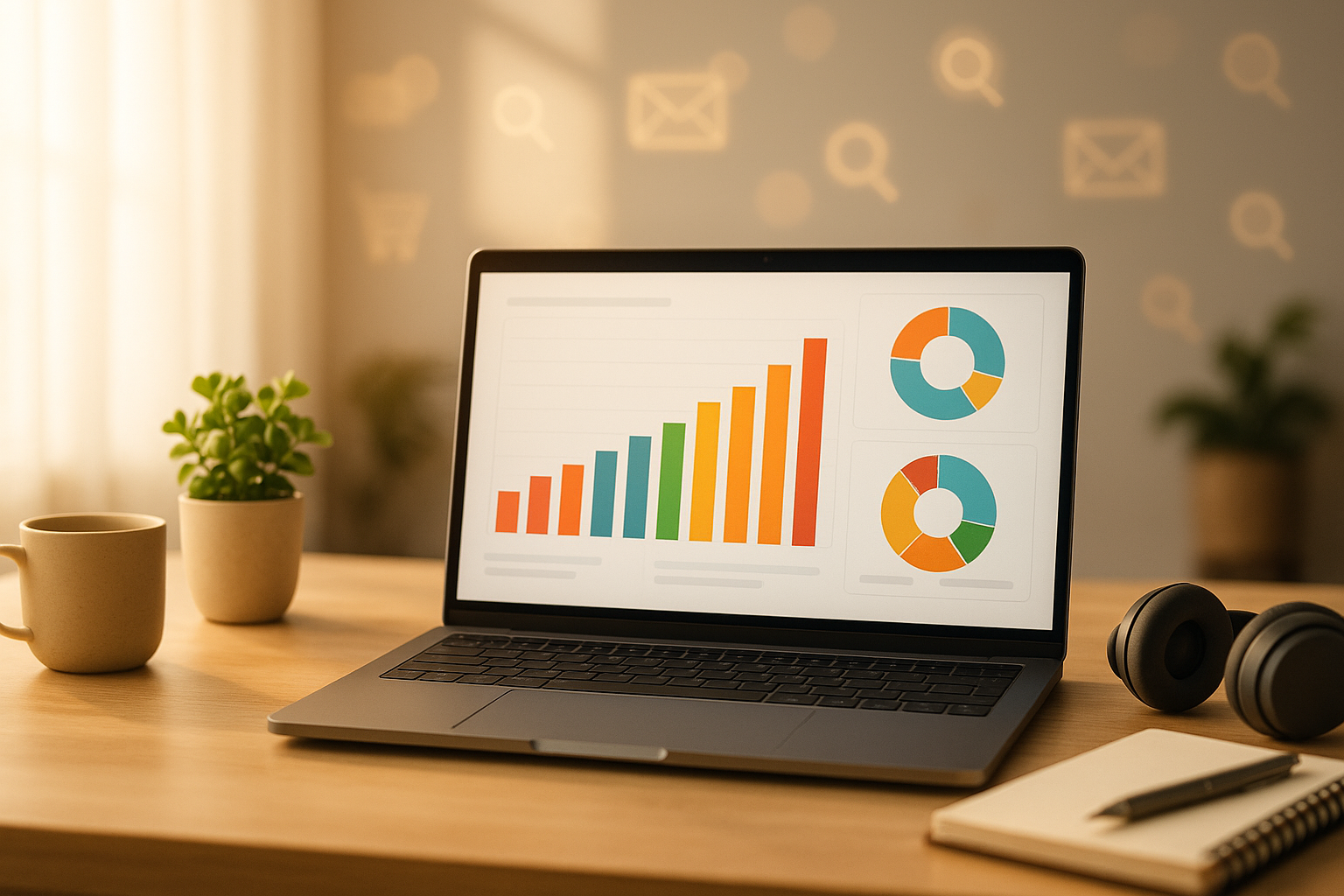 Modern workspace with laptop showing analytics dashboards representing Google Digital Marketing Certificate ROI analysis