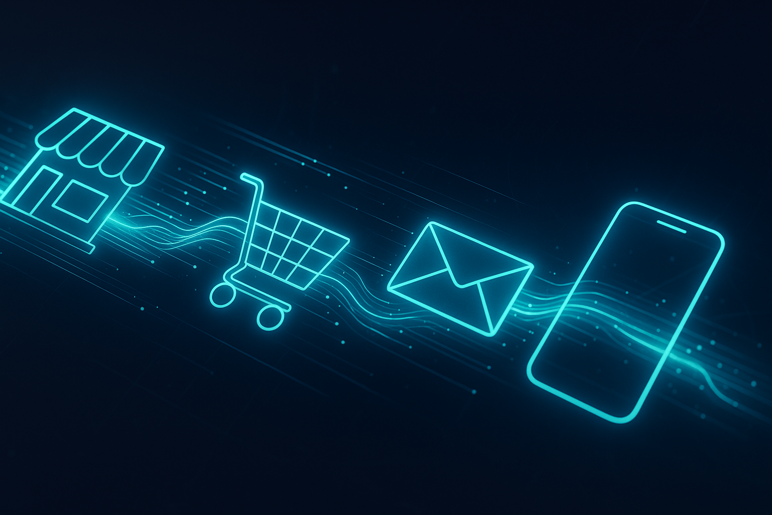 Visual representation of digital marketing e-commerce integration with connected data streams flowing between storefront and marketing channels