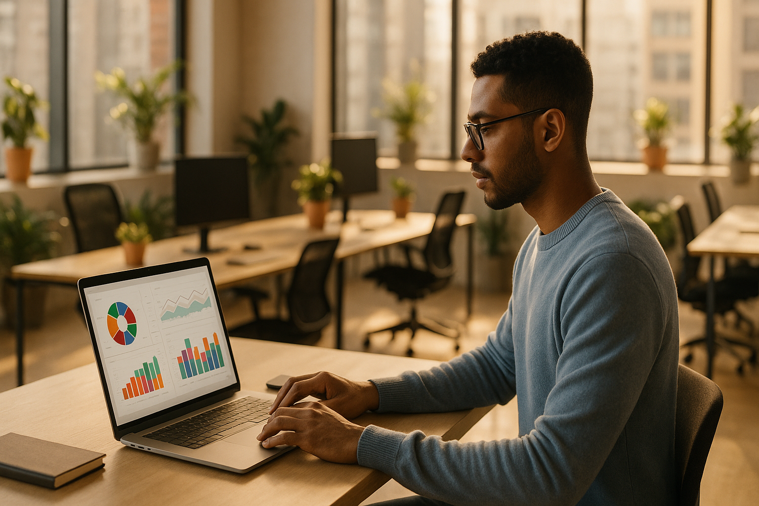 Self-taught marketer reviewing analytics dashboards while pursuing digital marketing jobs without a degree in a modern workspace