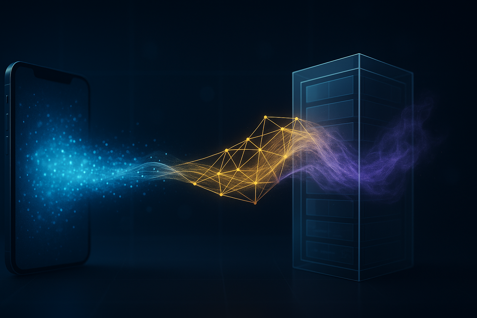 Abstract data streams flowing from iPhone into server representing post-iOS 18 attribution recovery layers