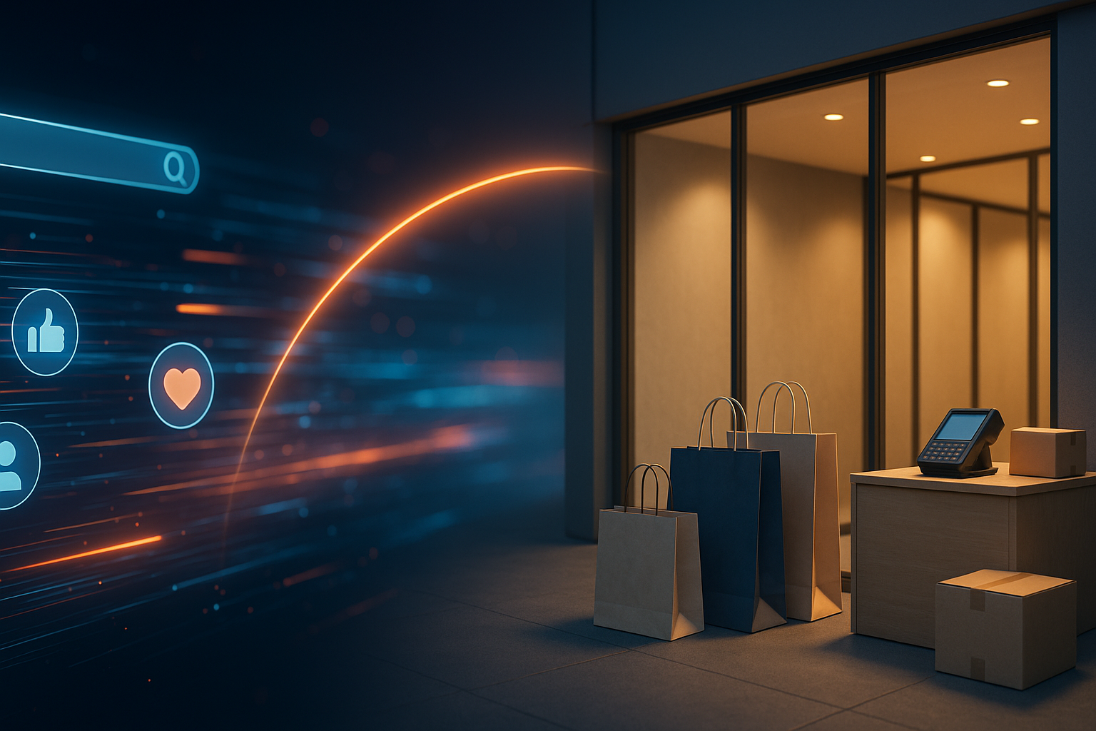 Digital marketing and e-commerce visualized as two connected halves of a modern business ecosystem