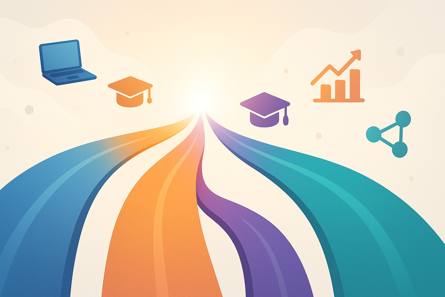 Four converging learning pathways illustrating digital marketing course comparison across major certification platforms
