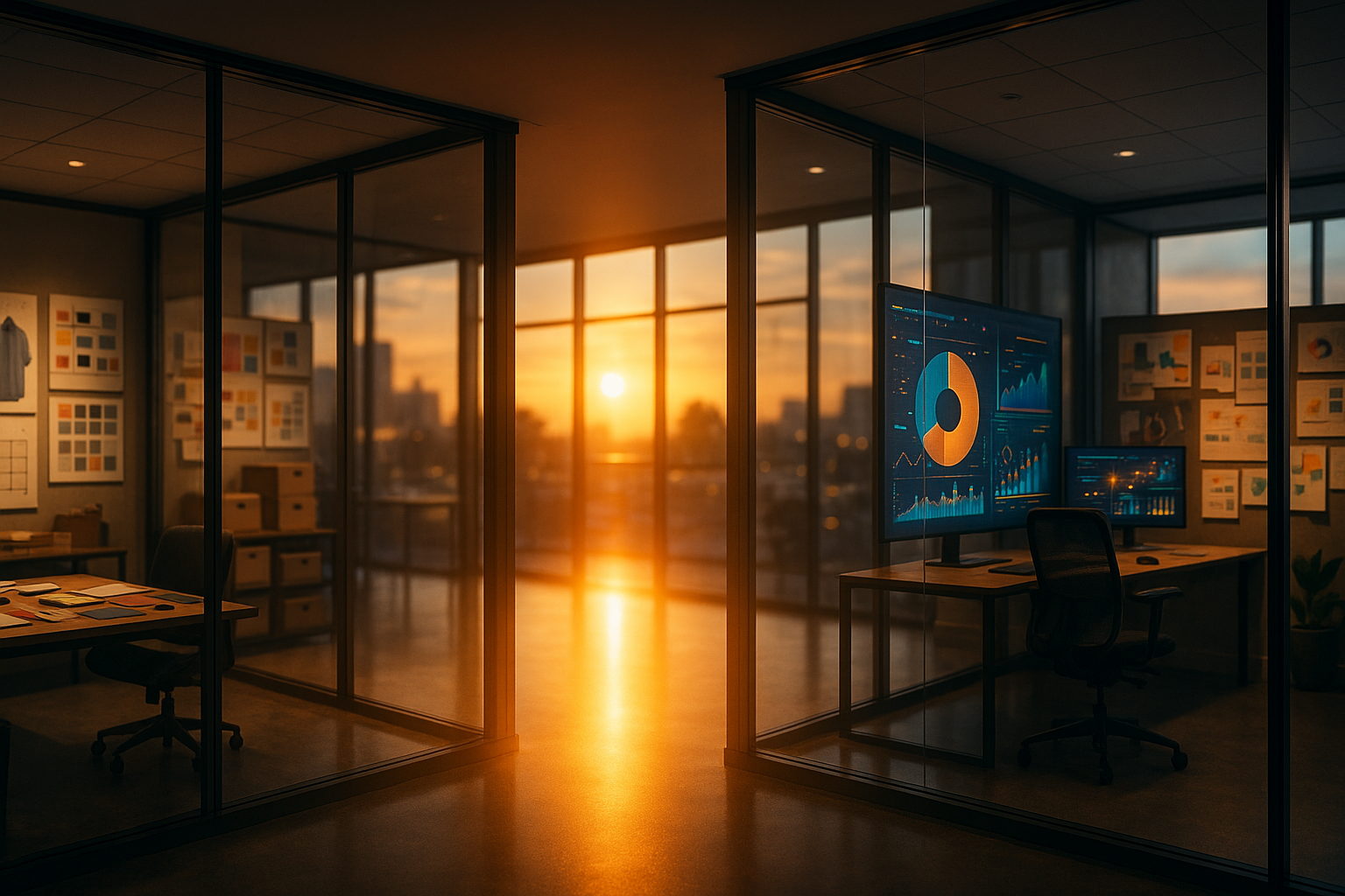 Two connected e-commerce workspaces representing merchandising and digital marketing collaboration through a glowing bridge