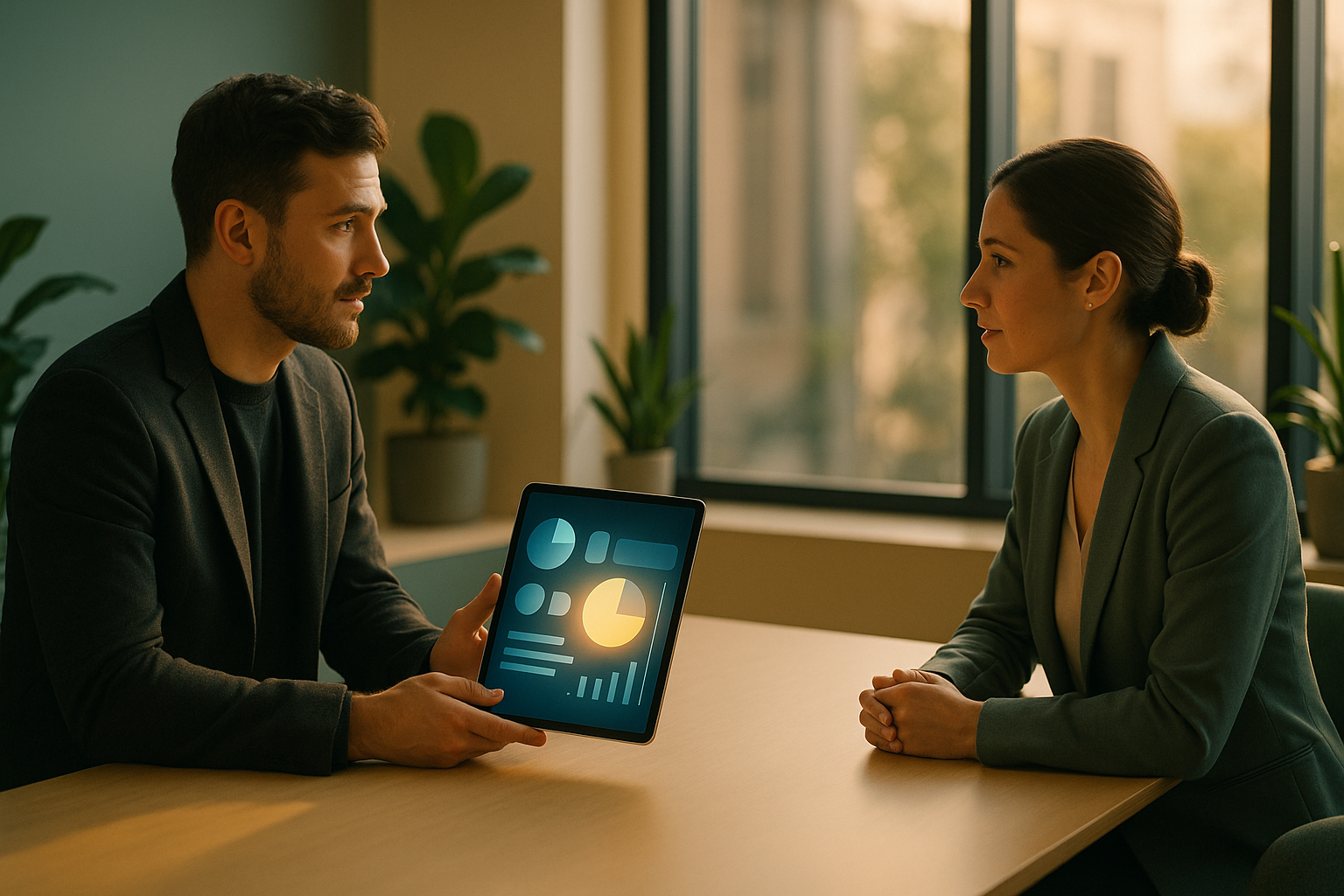 Two professionals in a modern office conducting a digital marketing interview across a wooden table