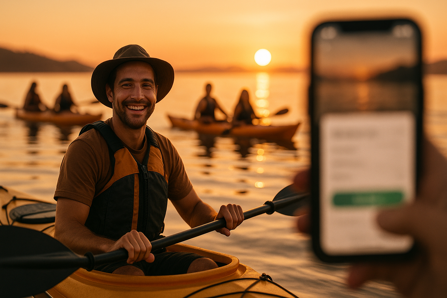 Kayak tour guide leading paddlers at sunset representing direct Google Ads Shopify tourism booking