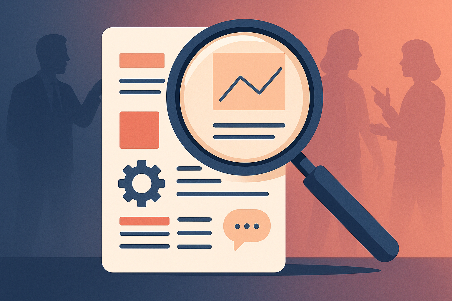 Magnifying glass decoding a digital marketing job description document with abstract icons and symbols