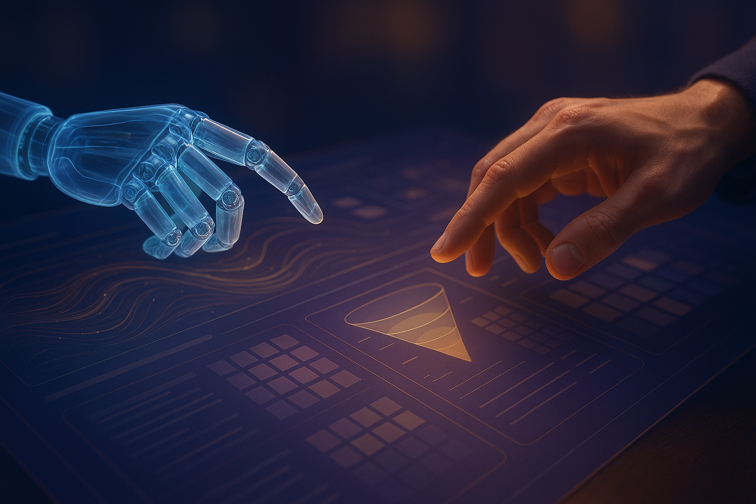 AI agents for marketing automation collaborating with human hand on holographic marketing dashboard visualization