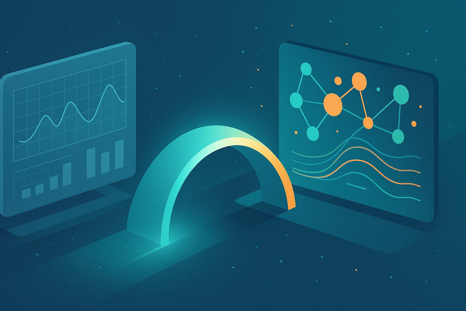 Illustration showing UA to GA4 migration data bridge connecting two analytics dashboards