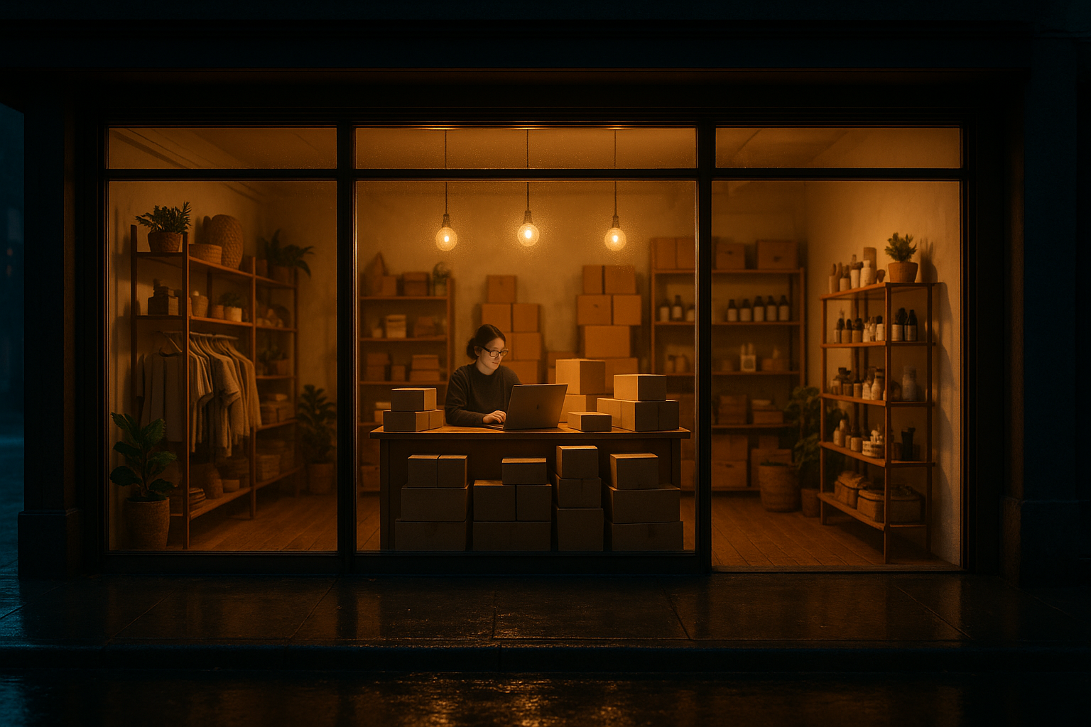 Solo small retailer running digital marketing from cozy boutique storefront at dusk with laptop