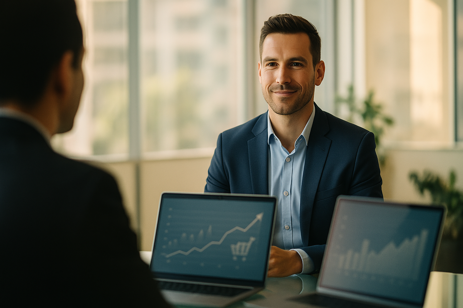 Confident candidate answering digital marketing and e-commerce interview question across a modern office table