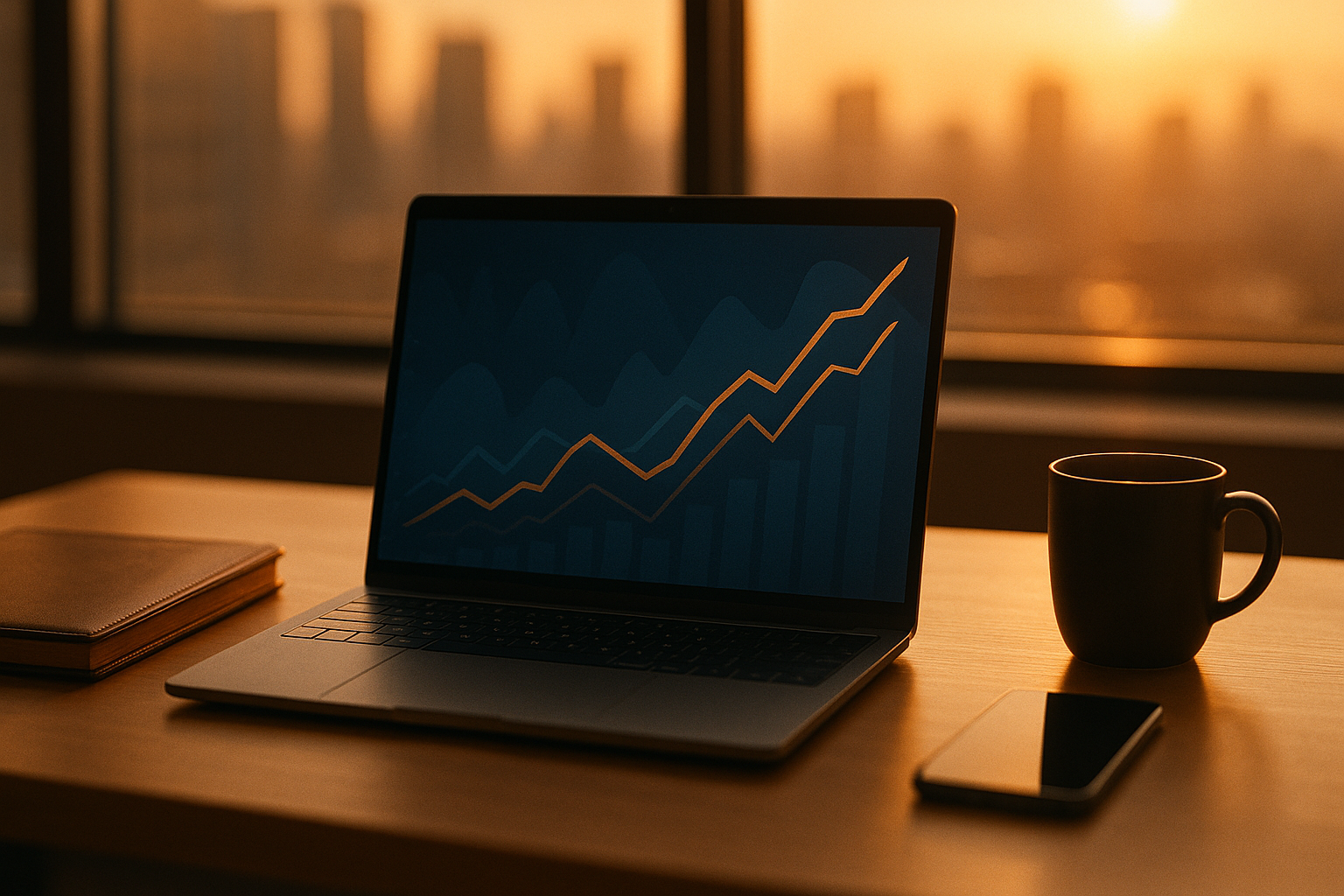 Professional desk setup representing digital marketing salary negotiation preparation with analytics and portfolio