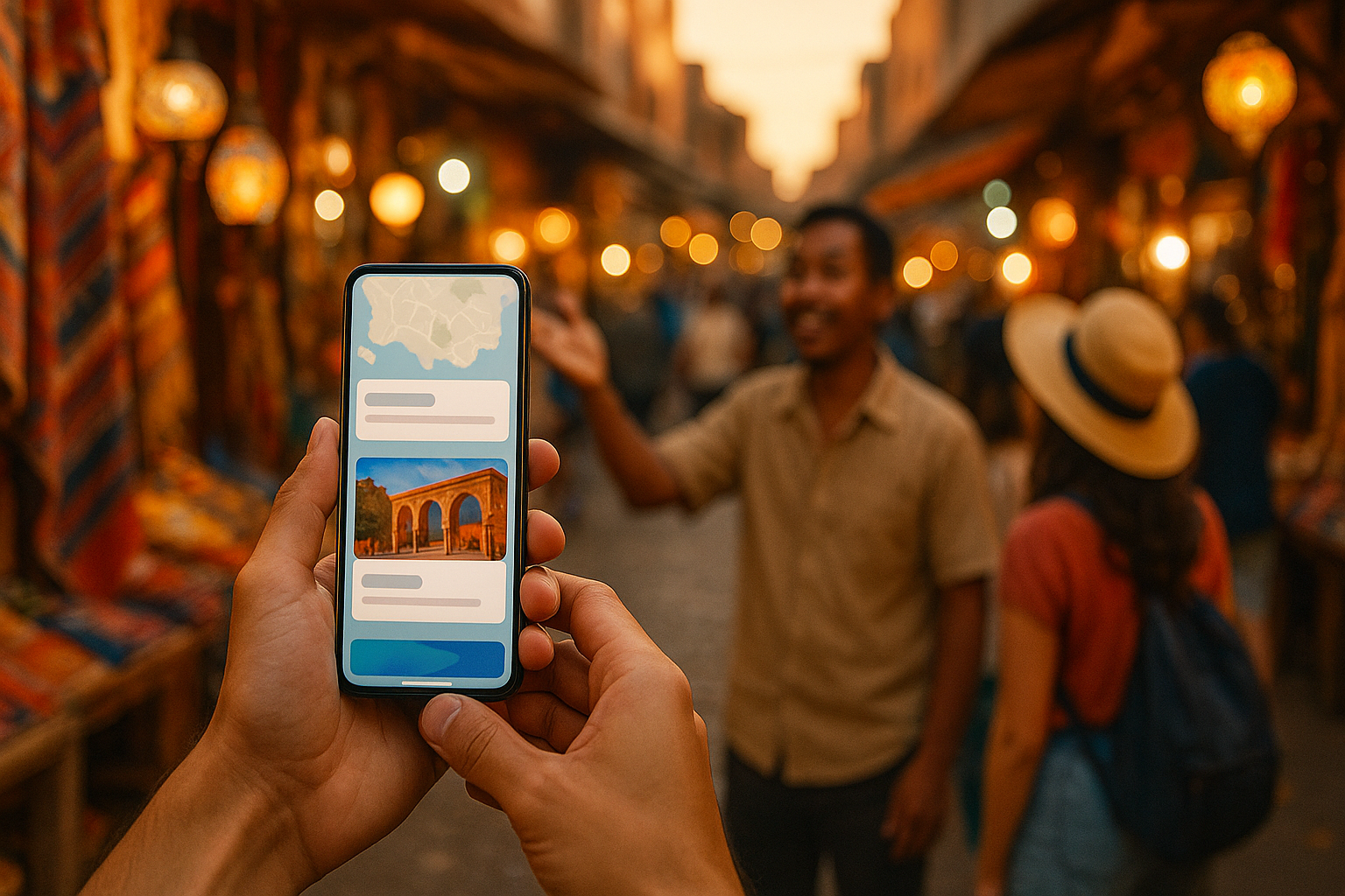 Traveler using smartphone to book tours in vibrant emerging market destination at golden hour