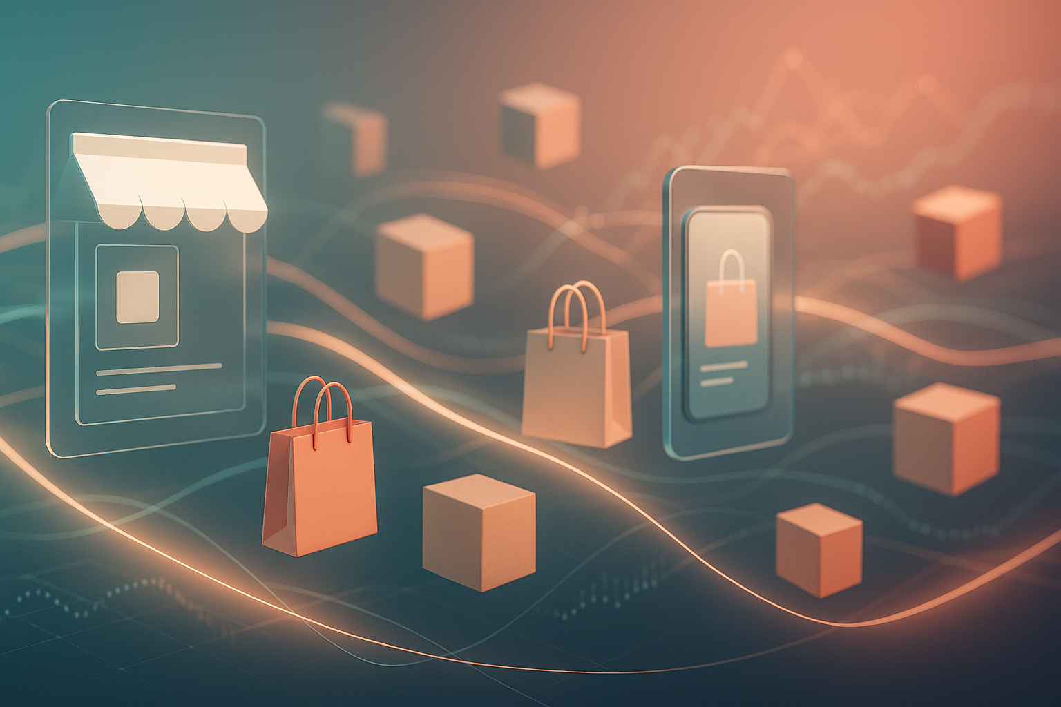 Abstract visualization of digital marketing and e-commerce definitions connecting brands, channels, and customer data streams