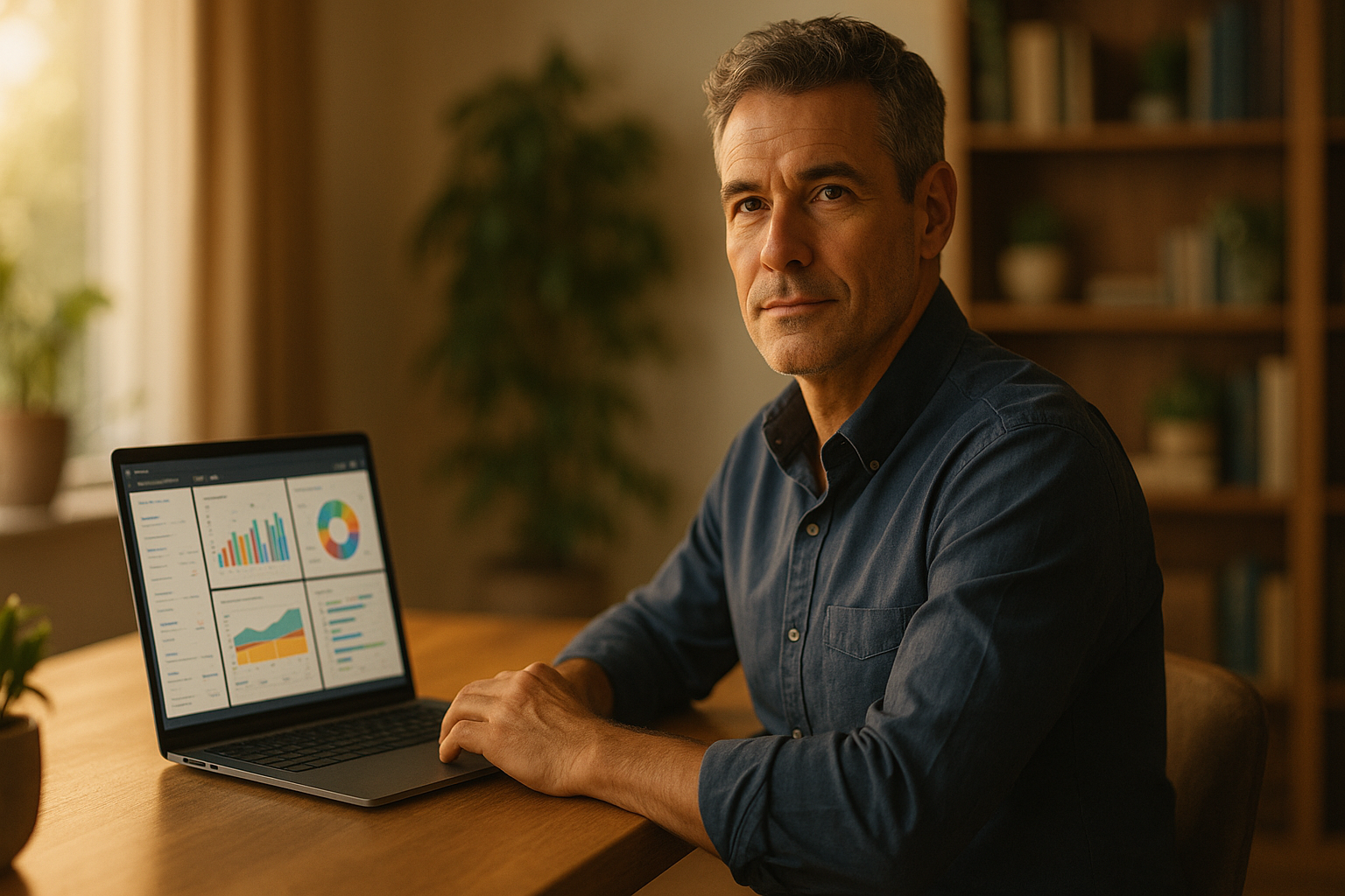 Mid-career professional over 40 learning digital marketing at a sunlit home office desk