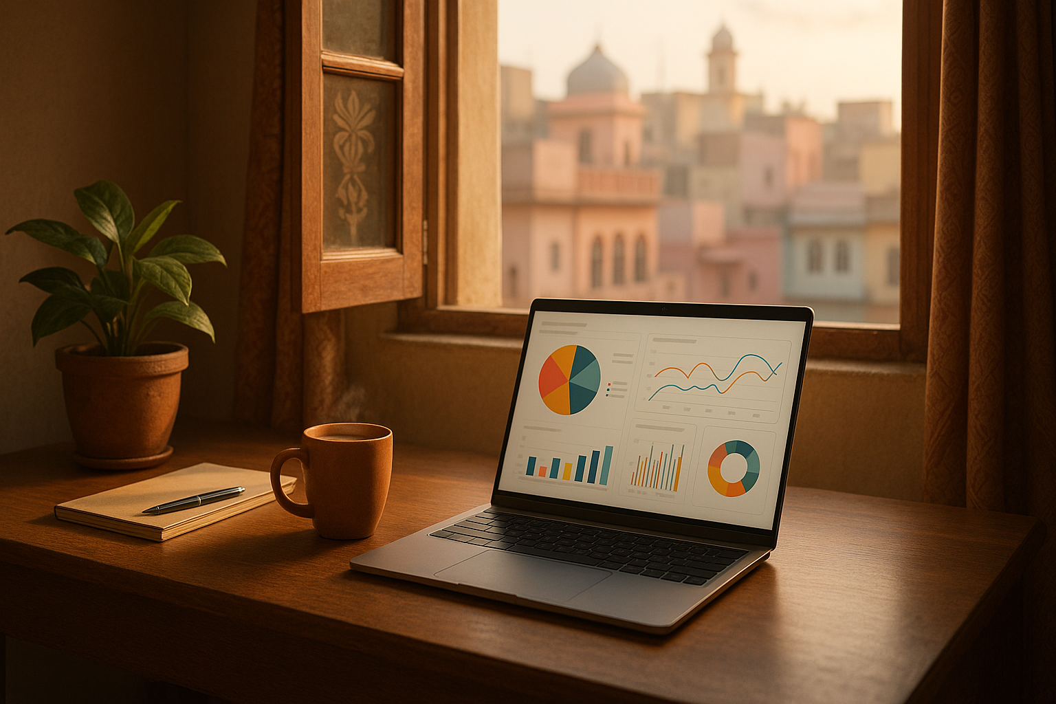 Remote digital marketing workspace in a Tier-2 Indian city home office with analytics dashboards