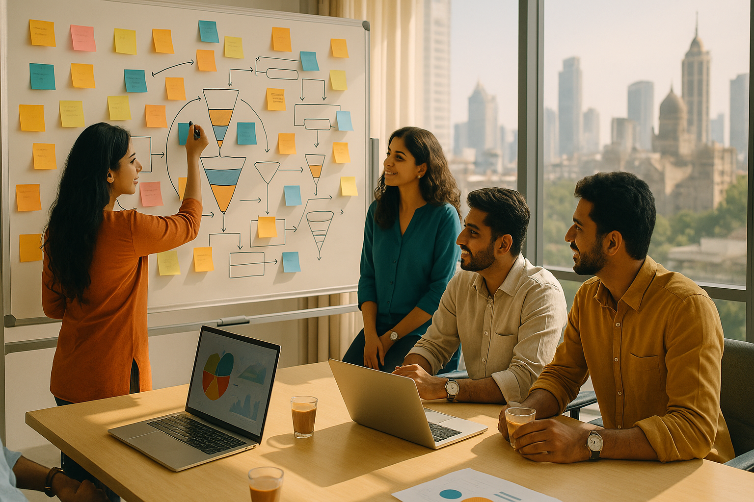 Indian marketing team collaborating on digital marketing in Hindi strategy around office whiteboard