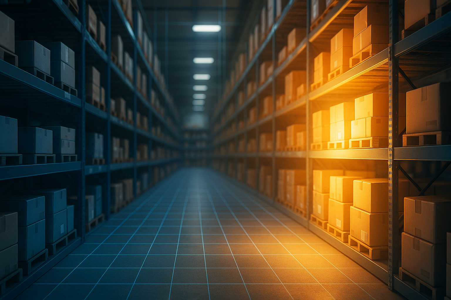 Illuminated warehouse shelves showing active and stagnant product catalog SKUs under analytics data overlay