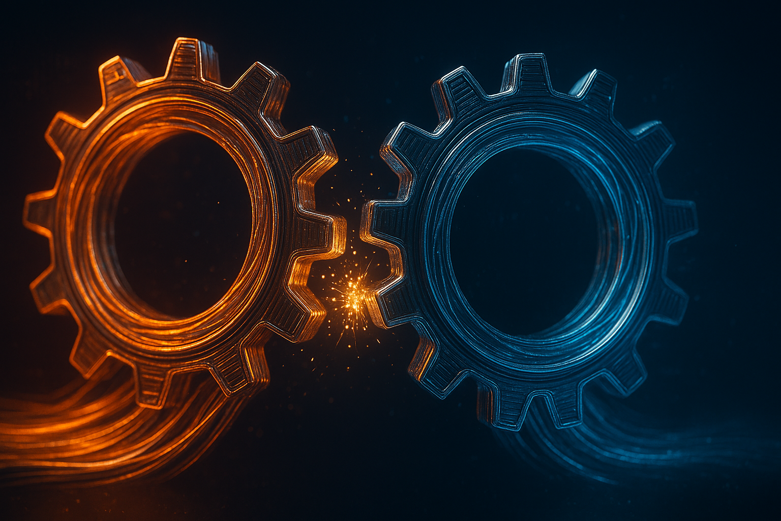 Interlocking orange and blue gears symbolizing digital marketing and e-commerce working as one integrated revenue system